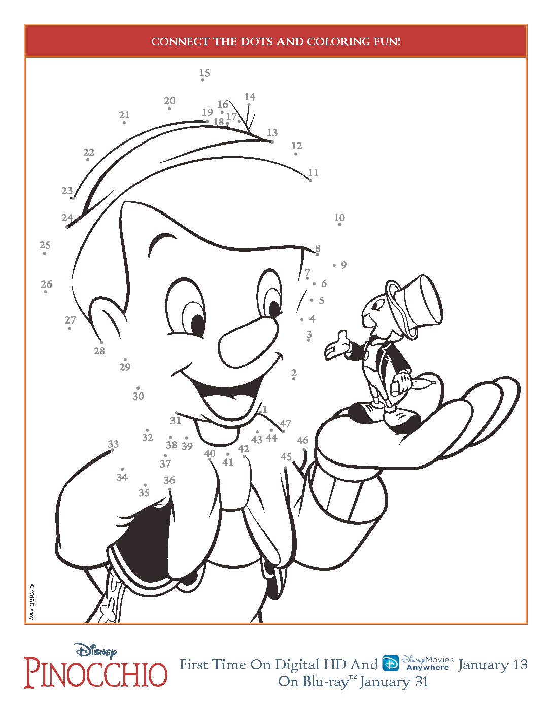 Free Pinocchio Activity Sheets Connect The Dots; Pinocchio Party; Disney Pinocchio coloring pages